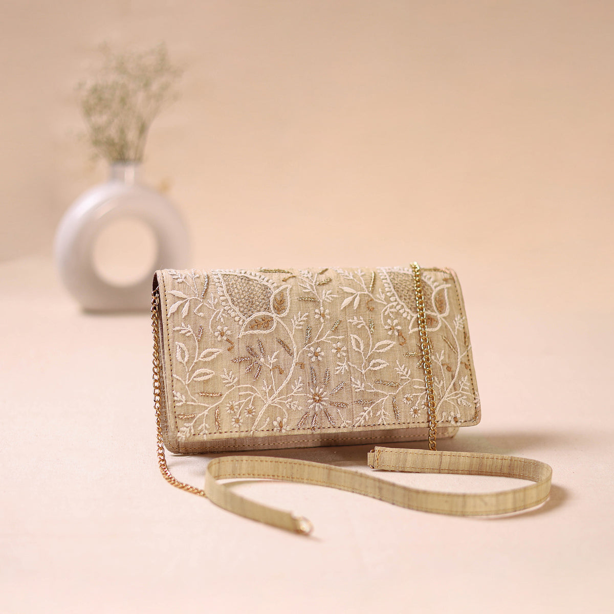 Beige - Hand Embroidered Lucknowi Chikankari Clutch with Zari Work 02