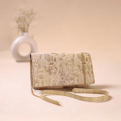 Beige - Hand Embroidered Lucknowi Chikankari Clutch with Zari Work 02