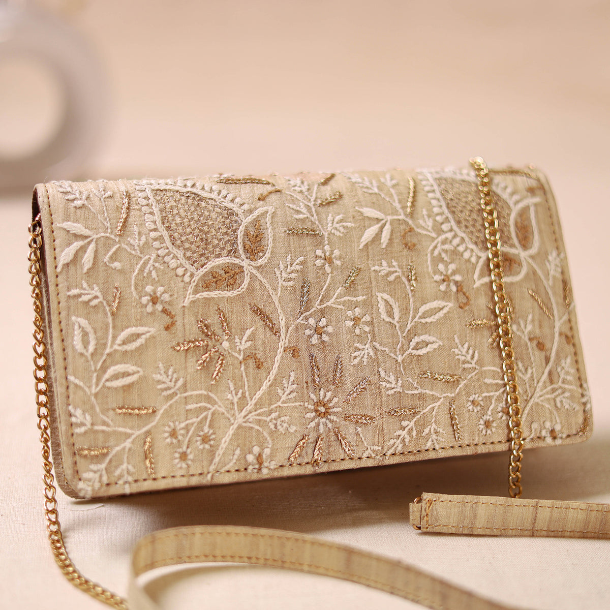 Beige - Hand Embroidered Lucknowi Chikankari Clutch with Zari Work 02