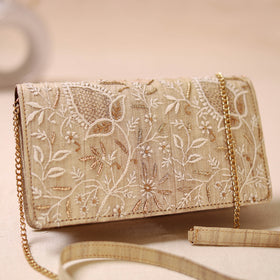 Beige - Hand Embroidered Lucknowi Chikankari Clutch with Zari Work 02