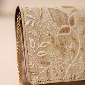 Beige - Hand Embroidered Lucknowi Chikankari Clutch with Zari Work 02