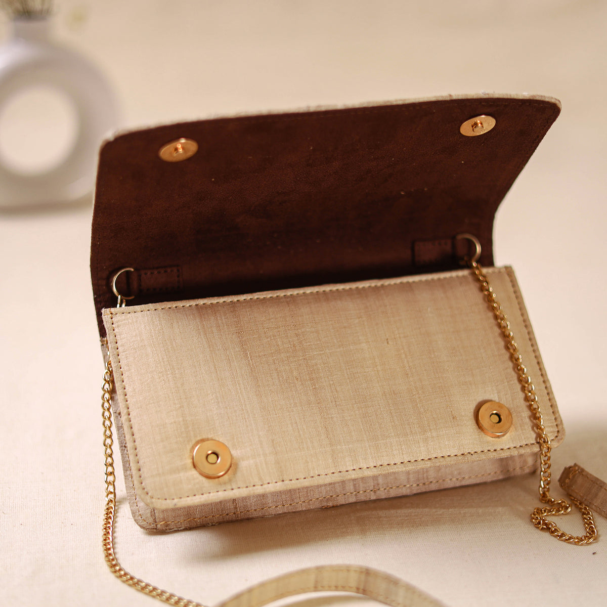 Beige - Hand Embroidered Lucknowi Chikankari Clutch with Zari Work 02