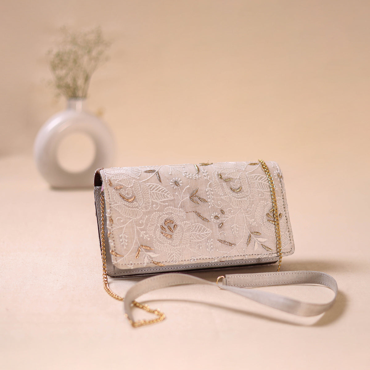 White - Hand Embroidered Lucknowi Chikankari Clutch with Zari Work 03