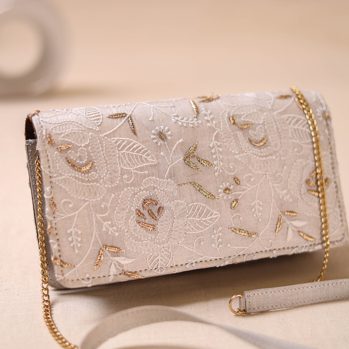 White - Hand Embroidered Lucknowi Chikankari Clutch with Zari Work 03