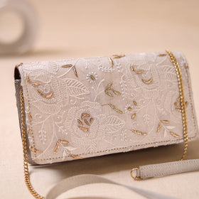 White - Hand Embroidered Lucknowi Chikankari Clutch with Zari Work 03