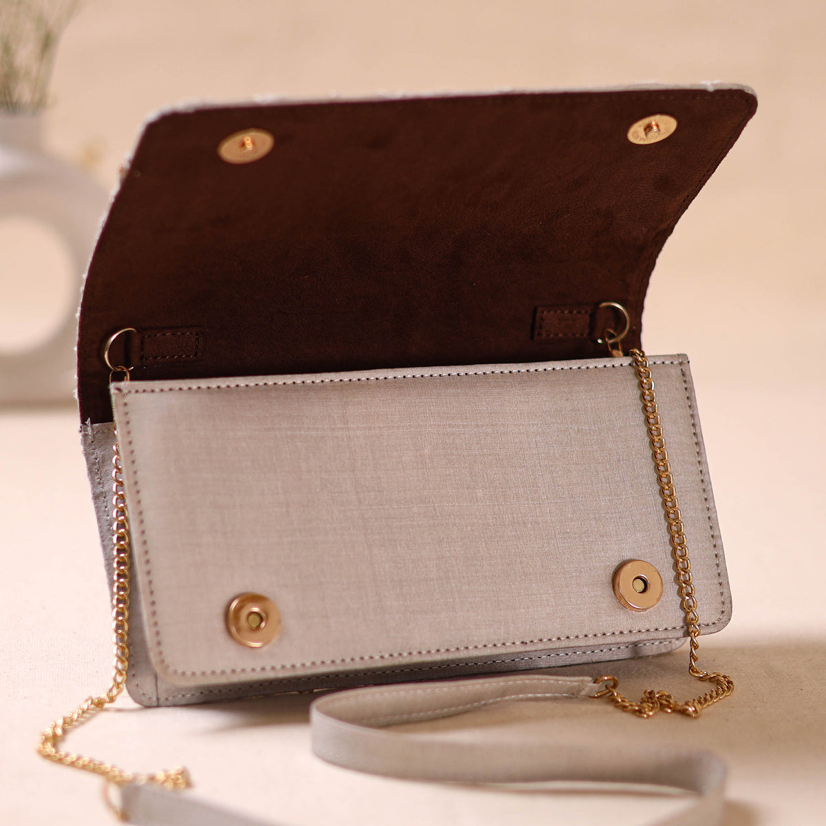 White - Hand Embroidered Lucknowi Chikankari Clutch with Zari Work 03