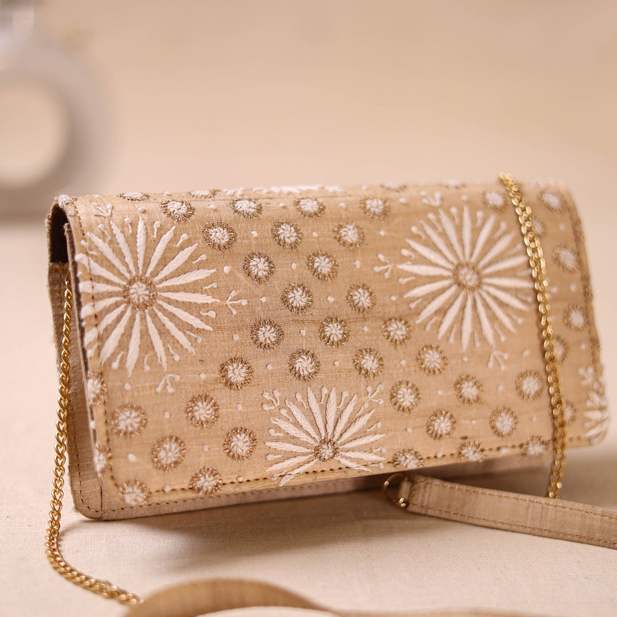 Beige - Hand Embroidered Lucknowi Chikankari Clutch with Zari Work 04