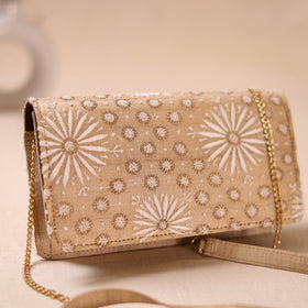 Beige - Hand Embroidered Lucknowi Chikankari Clutch with Zari Work 04