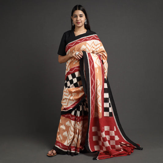 Brown - Pochampally Double Ikat Weave Handloom Cotton Saree