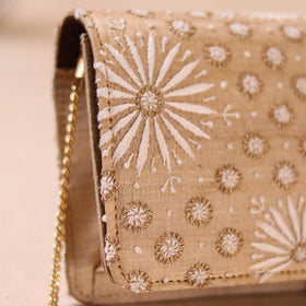 Beige - Hand Embroidered Lucknowi Chikankari Clutch with Zari Work 04