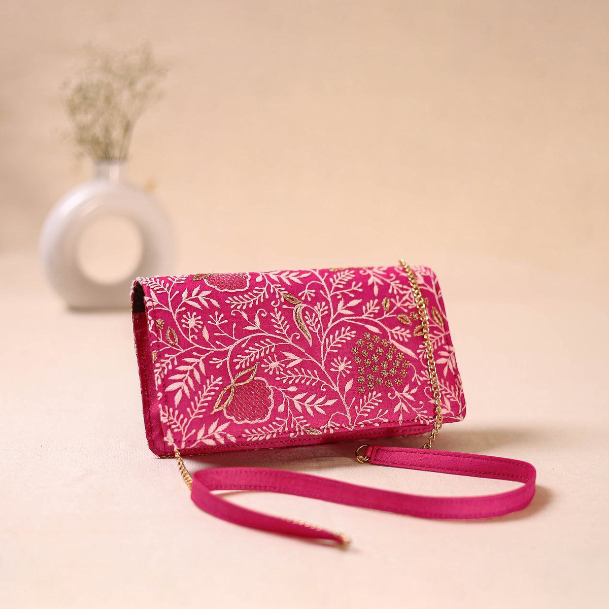 Pink - Hand Embroidered Lucknowi Chikankari Clutch with Zari Work 05