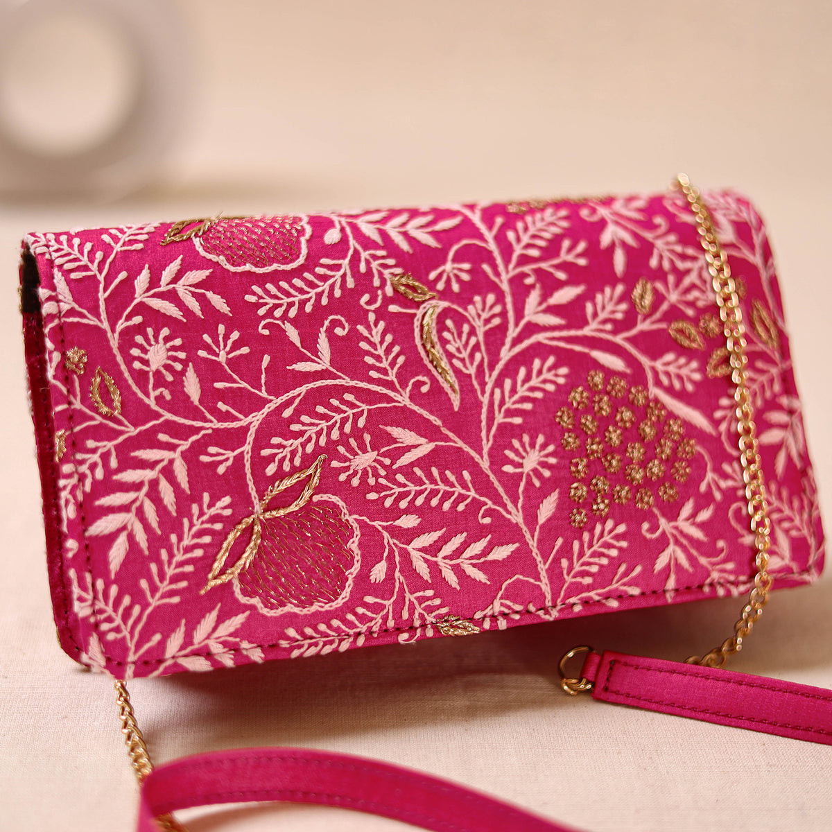Pink - Hand Embroidered Lucknowi Chikankari Clutch with Zari Work 05
