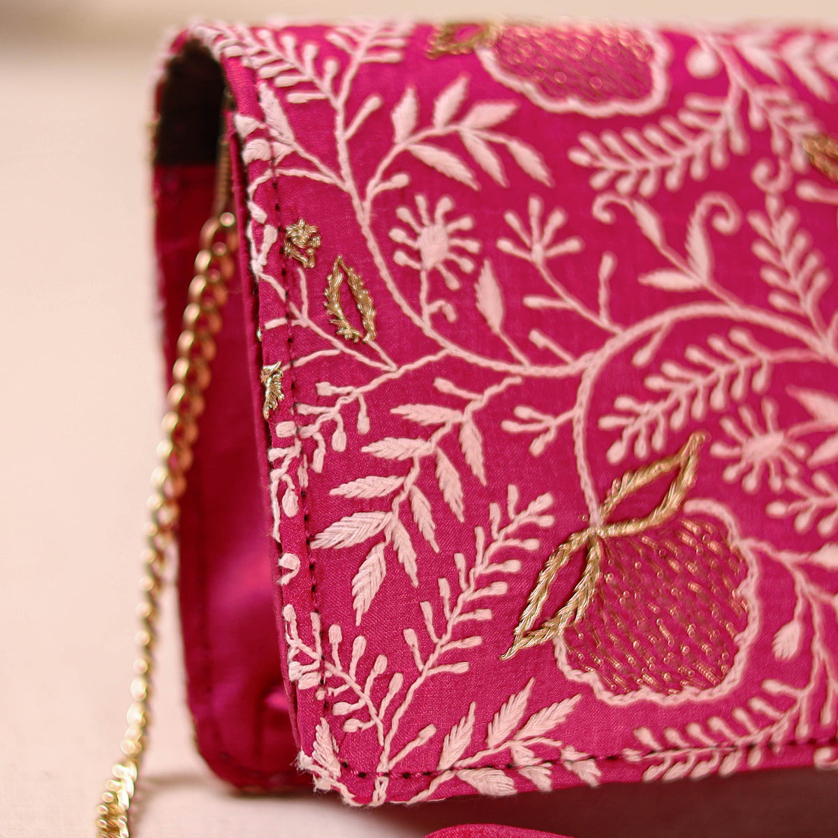 Pink - Hand Embroidered Lucknowi Chikankari Clutch with Zari Work 05