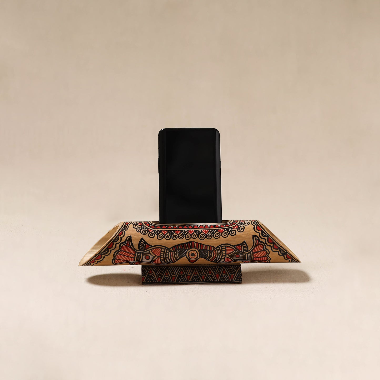 Brown - Madhubani Handpainted Hand Carved Natural Bamboo Phone Audio Amplifier Speaker 05