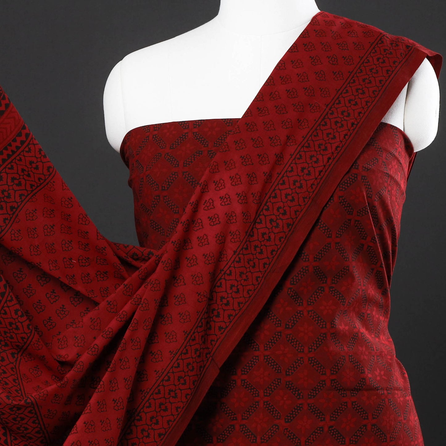 Red - 3pc Bagh Block Printed Natural Dyed Cotton Suit Material Set 06