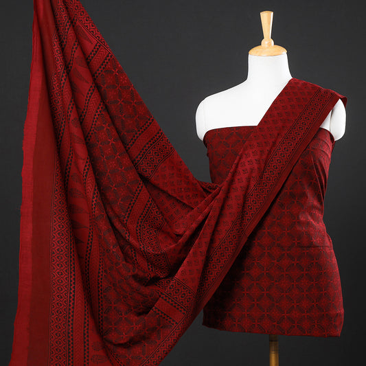 Red - 3pc Bagh Block Printed Natural Dyed Cotton Suit Material Set 06