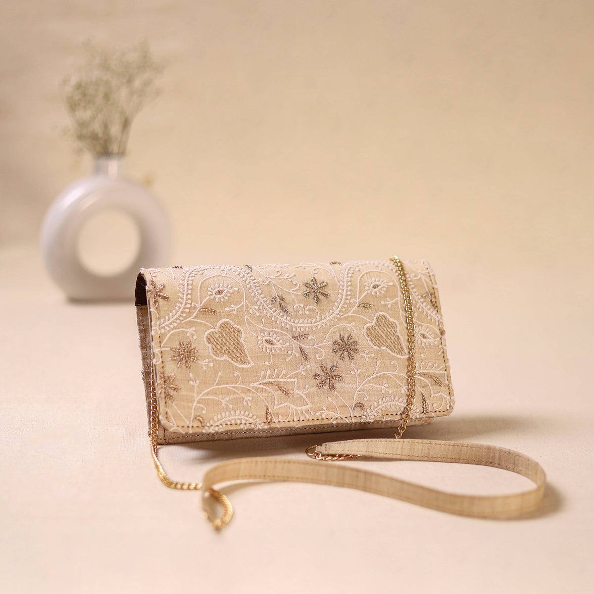 Beige - Hand Embroidered Lucknowi Chikankari Clutch with Zari Work 06