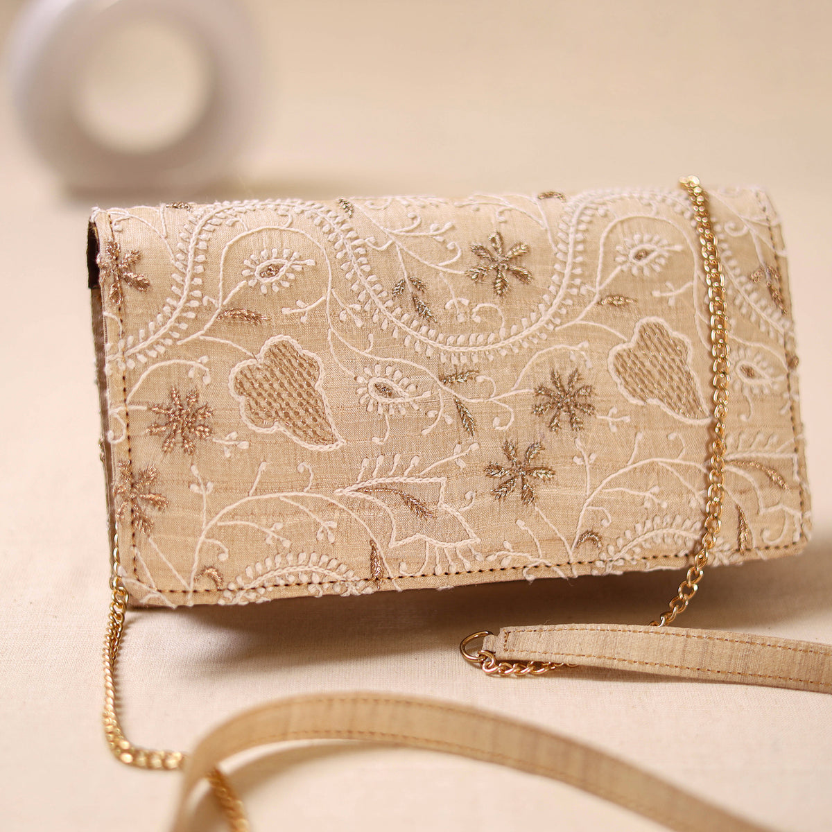 Beige - Hand Embroidered Lucknowi Chikankari Clutch with Zari Work 06