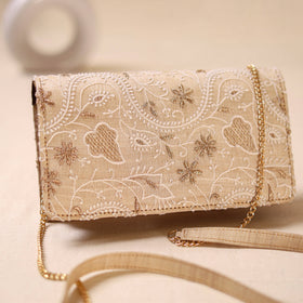 Beige - Hand Embroidered Lucknowi Chikankari Clutch with Zari Work 06