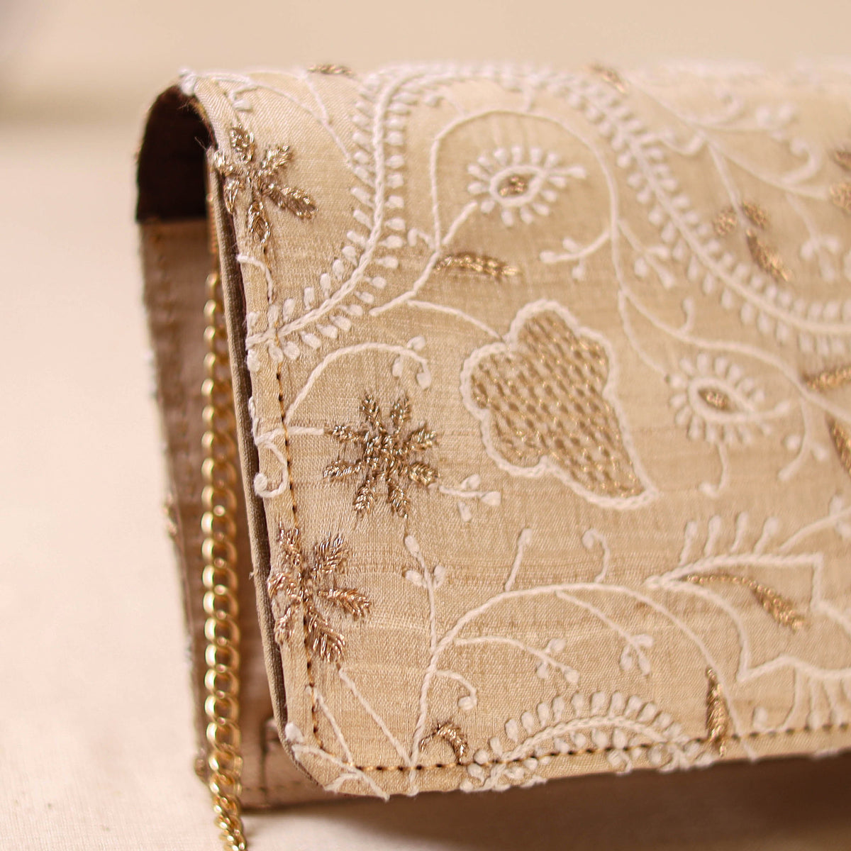 Beige - Hand Embroidered Lucknowi Chikankari Clutch with Zari Work 06
