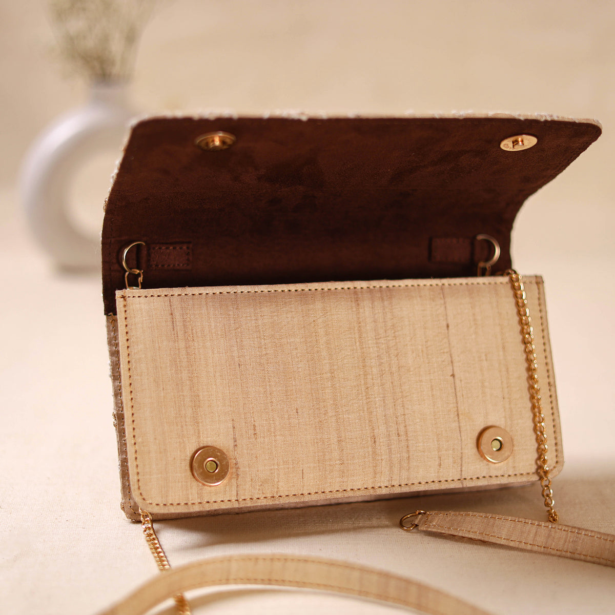 Beige - Hand Embroidered Lucknowi Chikankari Clutch with Zari Work 06