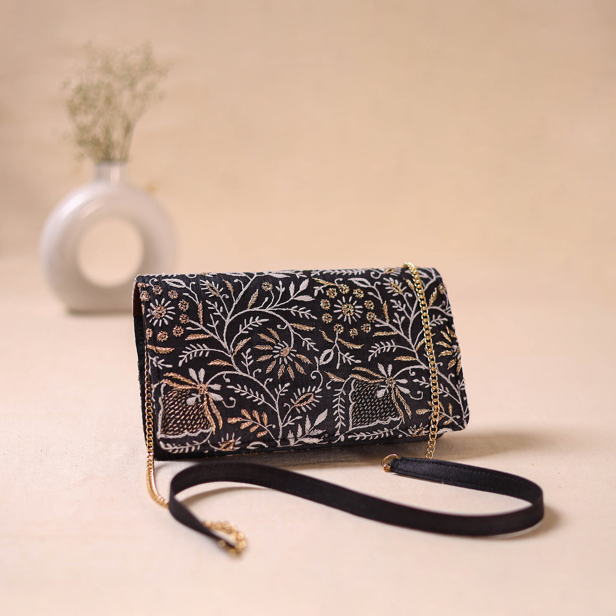 Black - Hand Embroidered Lucknowi Chikankari Clutch with Zari Work 07