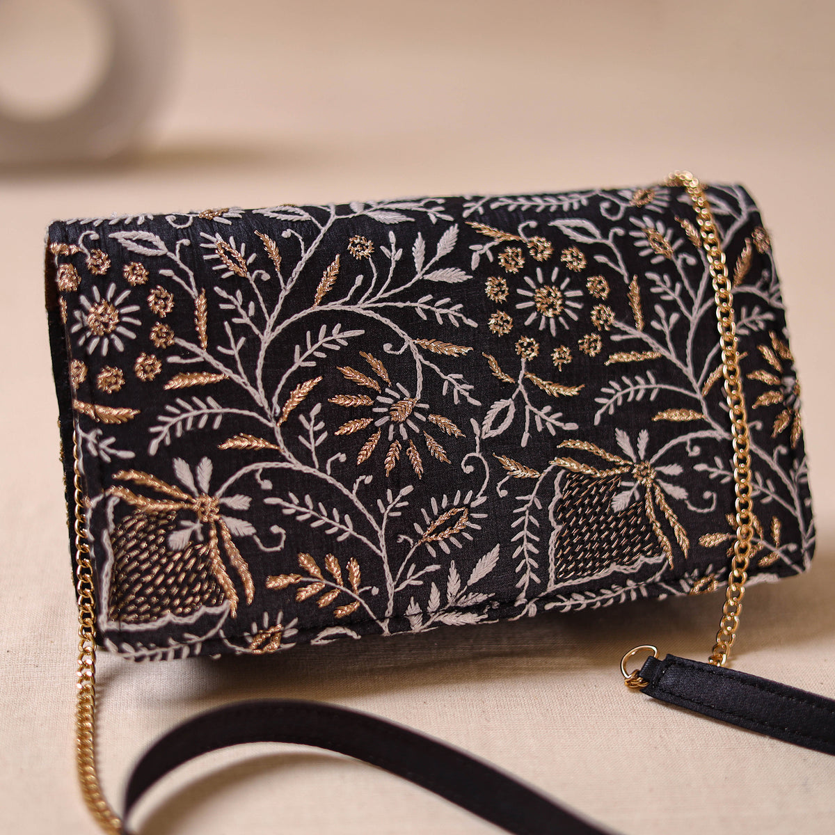 Black - Hand Embroidered Lucknowi Chikankari Clutch with Zari Work 07