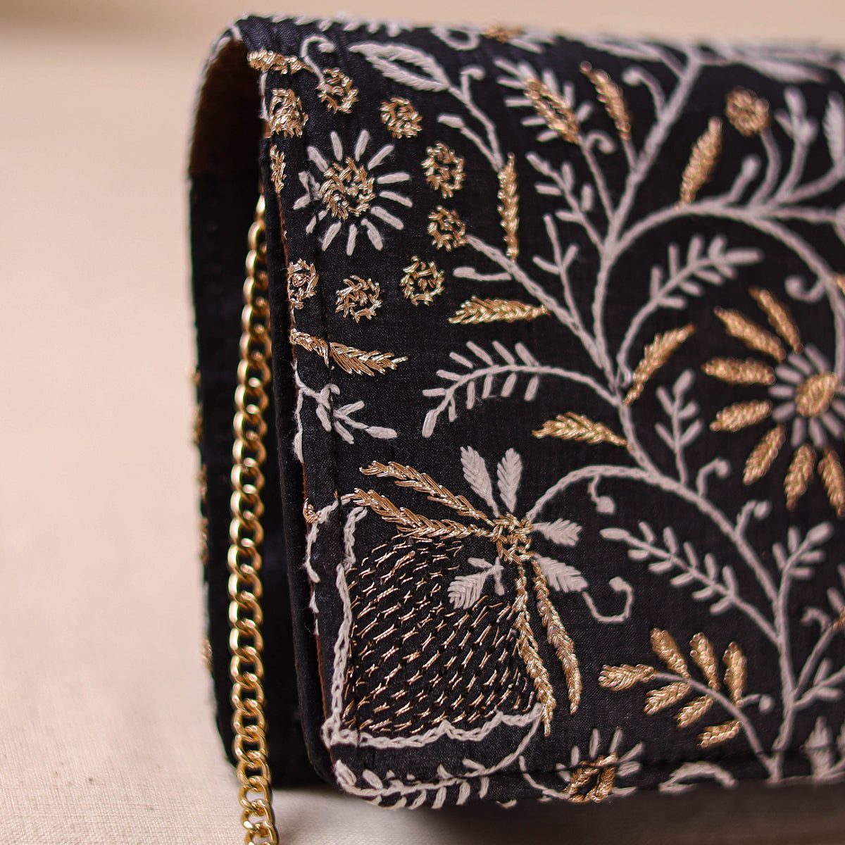 Black - Hand Embroidered Lucknowi Chikankari Clutch with Zari Work 07