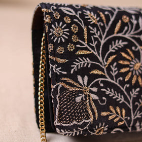 Black - Hand Embroidered Lucknowi Chikankari Clutch with Zari Work 07