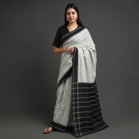 Grey - Pochampally Double Ikat Weave Handloom Cotton Saree