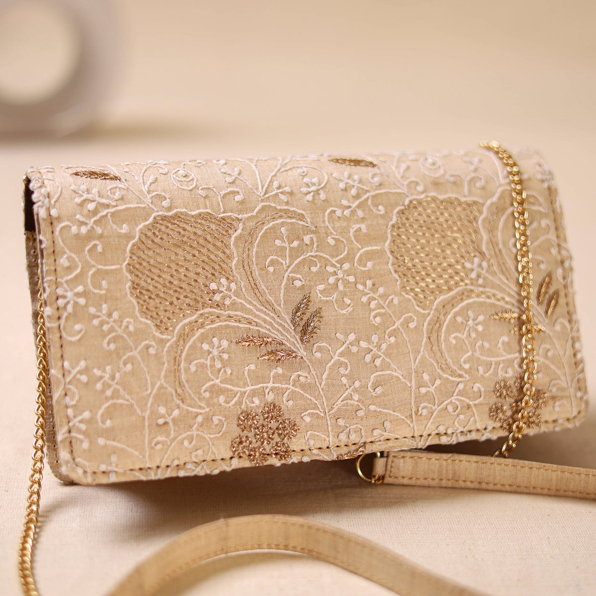 Beige - Hand Embroidered Lucknowi Chikankari Clutch with Zari Work 08