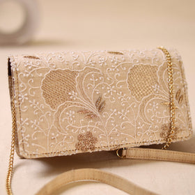 Beige - Hand Embroidered Lucknowi Chikankari Clutch with Zari Work 08
