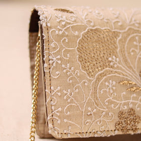 Beige - Hand Embroidered Lucknowi Chikankari Clutch with Zari Work 08