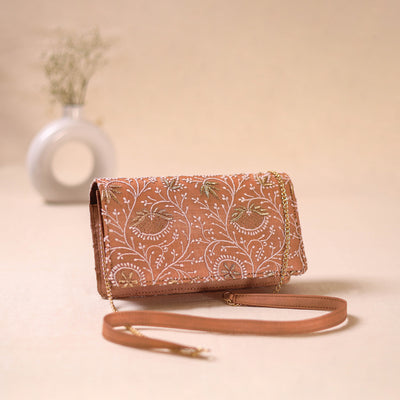 Brown - Hand Embroidered Lucknowi Chikankari Clutch with Zari Work 09