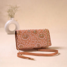 Brown - Hand Embroidered Lucknowi Chikankari Clutch with Zari Work 09