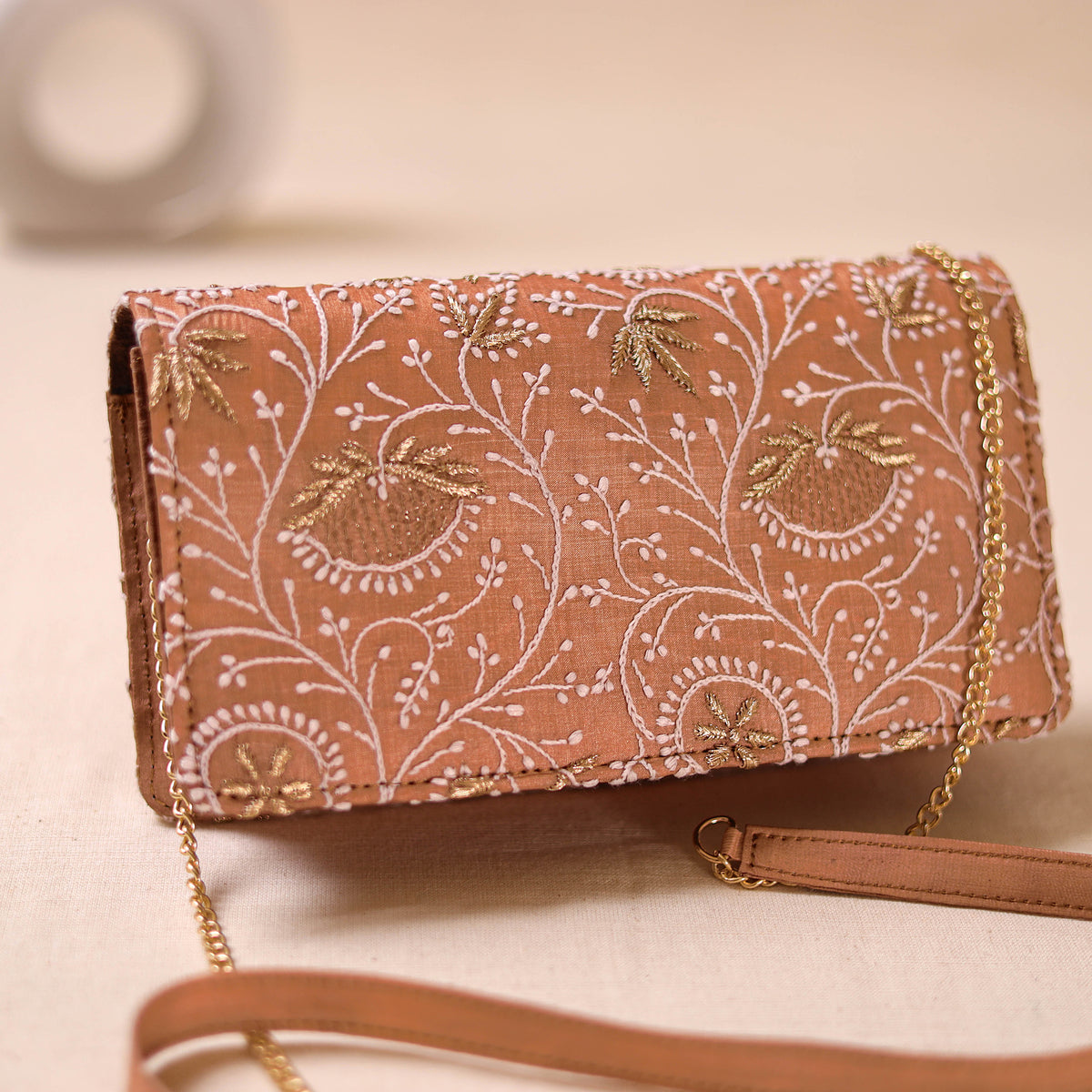 Brown - Hand Embroidered Lucknowi Chikankari Clutch with Zari Work 09