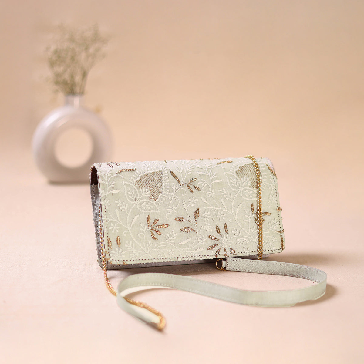 White - Hand Embroidered Lucknowi Chikankari Clutch with Zari Work 10