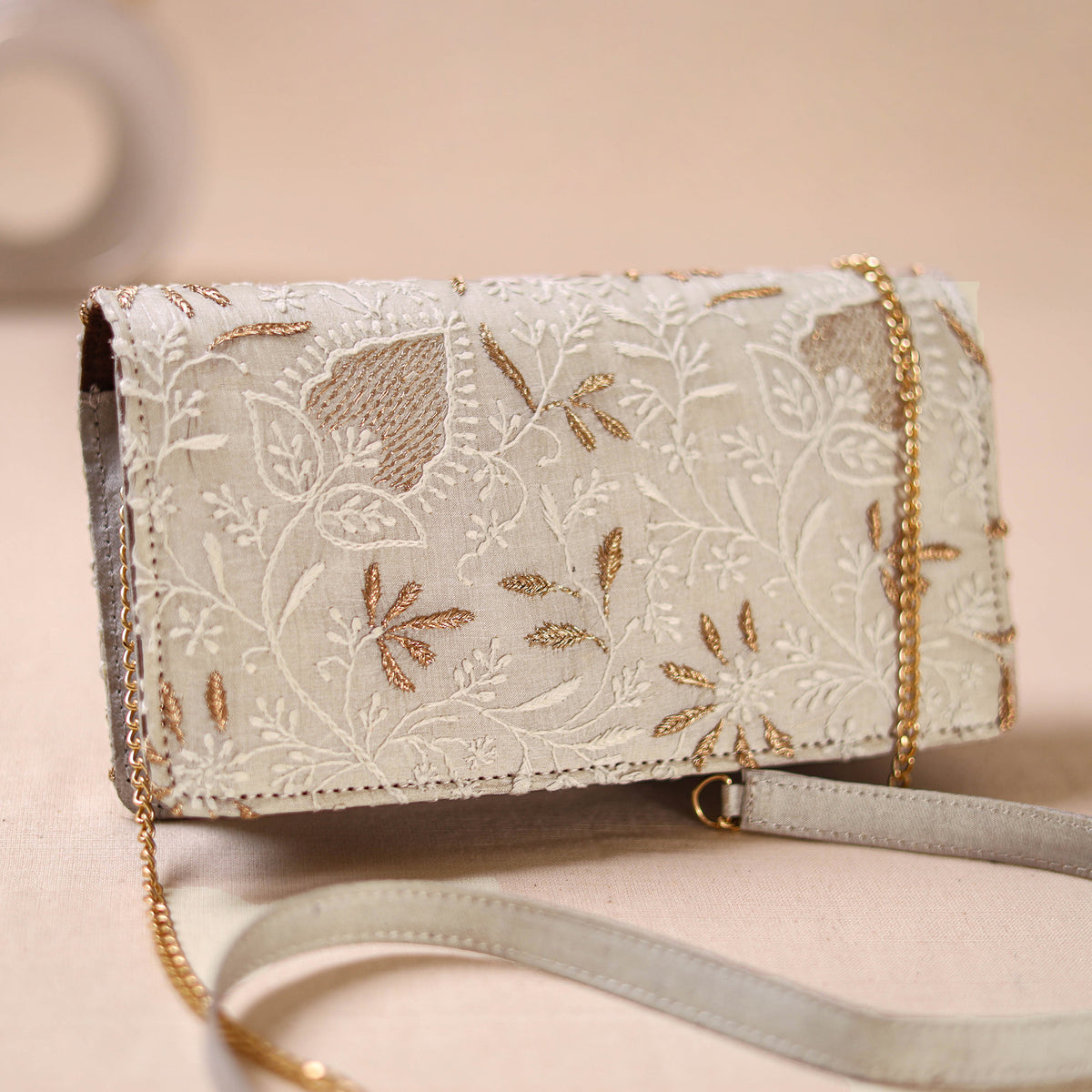 White - Hand Embroidered Lucknowi Chikankari Clutch with Zari Work 10