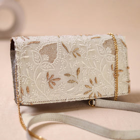 White - Hand Embroidered Lucknowi Chikankari Clutch with Zari Work 10