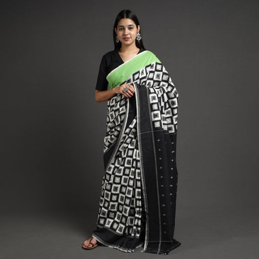 Black - Pochampally Double Ikat Weave Handloom Cotton Saree