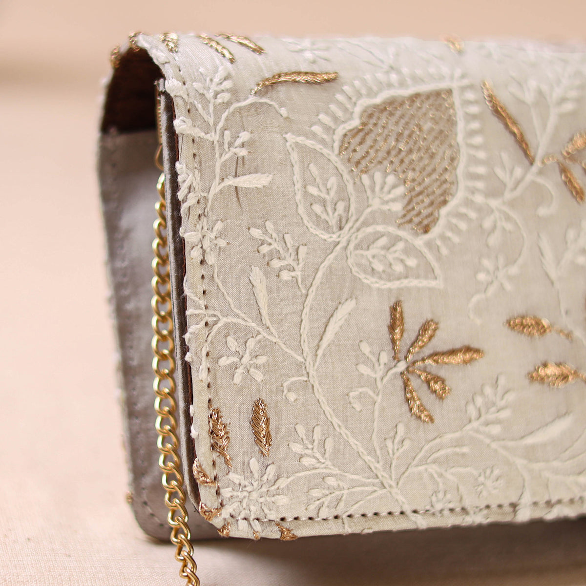 White - Hand Embroidered Lucknowi Chikankari Clutch with Zari Work 10