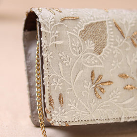 White - Hand Embroidered Lucknowi Chikankari Clutch with Zari Work 10