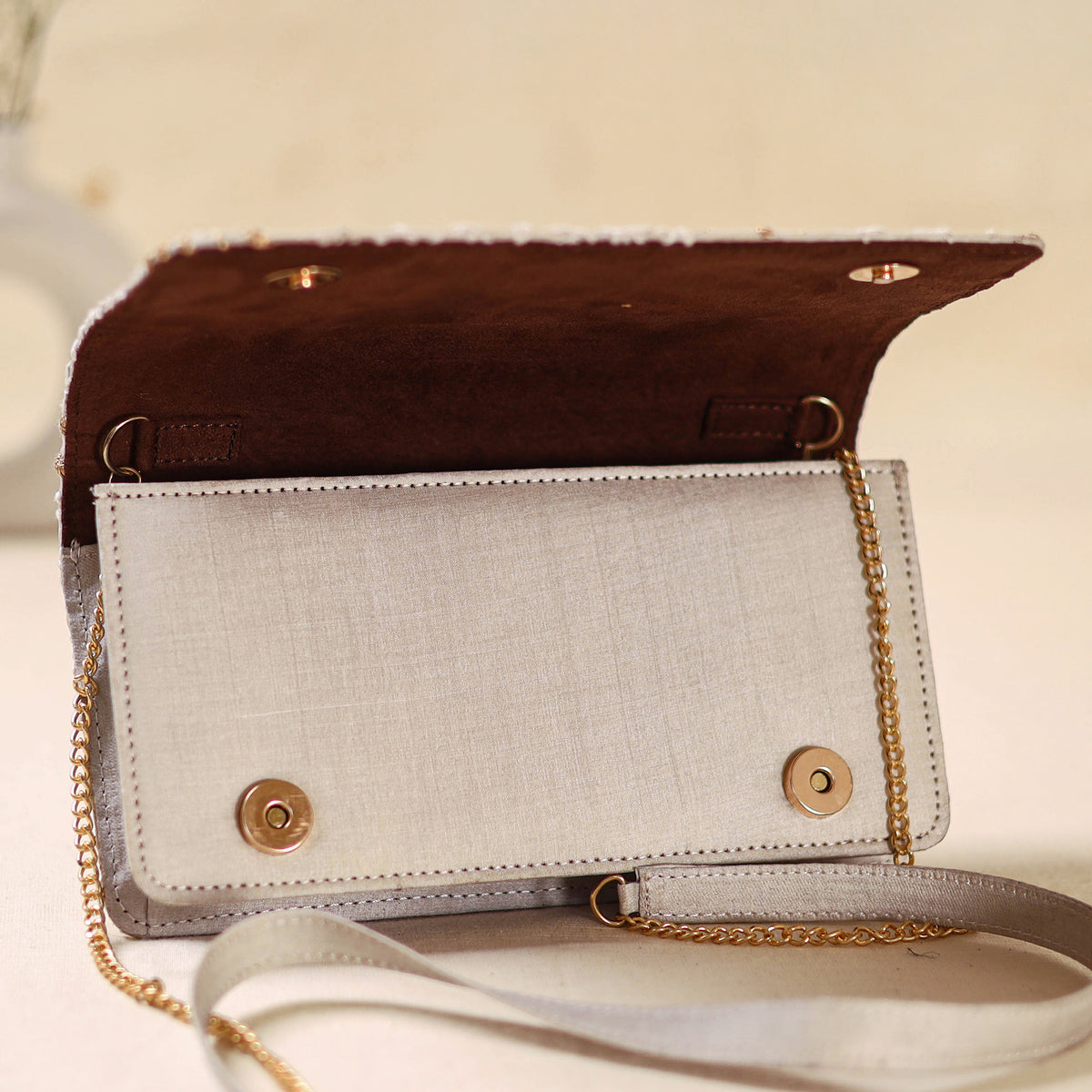 White - Hand Embroidered Lucknowi Chikankari Clutch with Zari Work 10