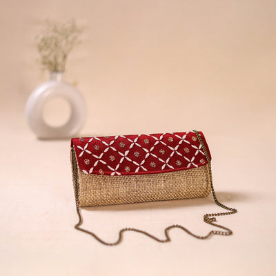 Red - Hand Embroidered Jute Lucknowi Chikankari Clutch with Zari Work 11