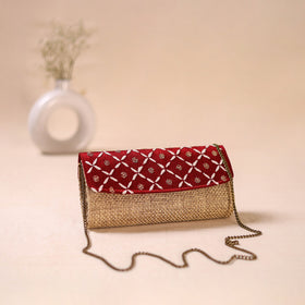 Red - Hand Embroidered Jute Lucknowi Chikankari Clutch with Zari Work 11