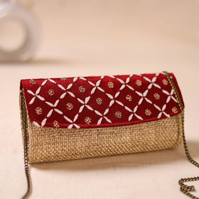 Red - Hand Embroidered Jute Lucknowi Chikankari Clutch with Zari Work 11