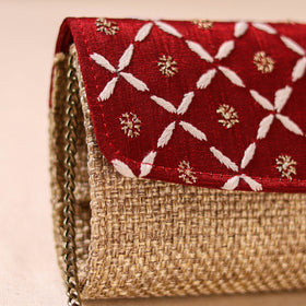 Red - Hand Embroidered Jute Lucknowi Chikankari Clutch with Zari Work 11