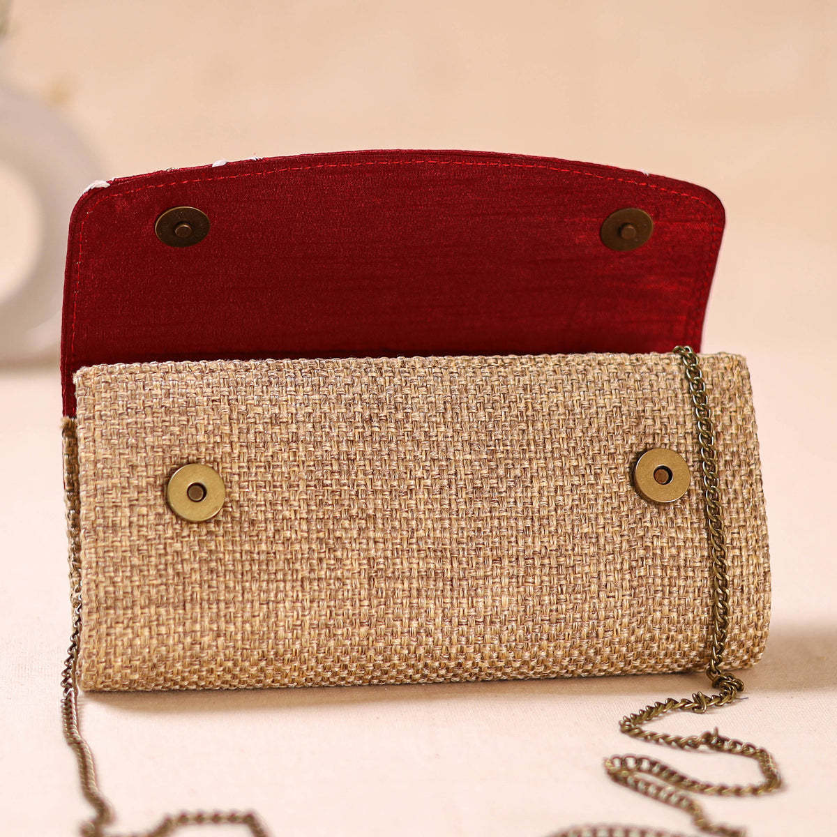 Red - Hand Embroidered Jute Lucknowi Chikankari Clutch with Zari Work 11