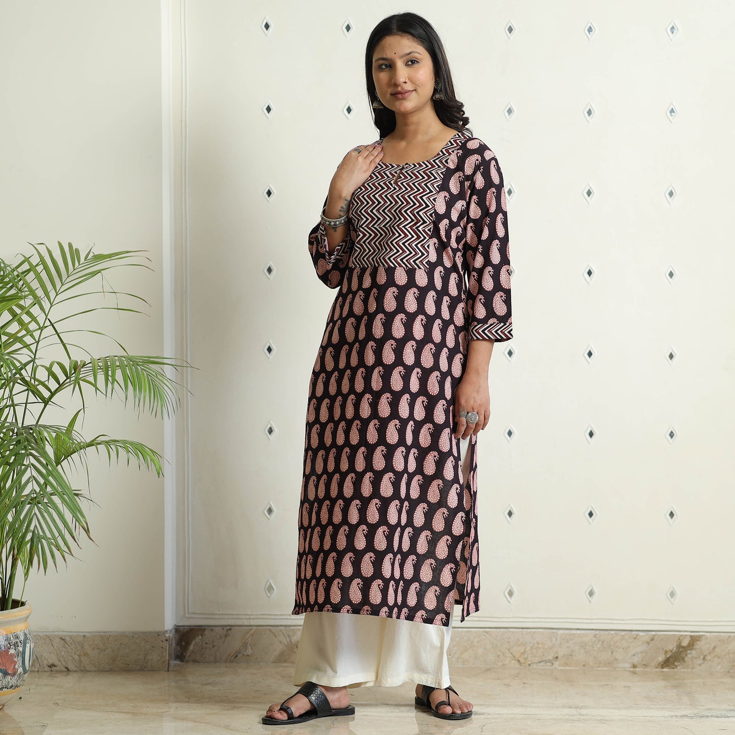 Black - Bagh Hand Block Printed Cotton Long Straight Kurta