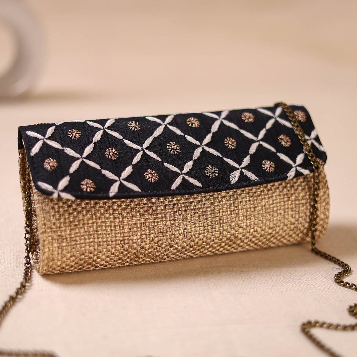 Black - Hand Embroidered Jute Lucknowi Chikankari Clutch with Zari Work 12